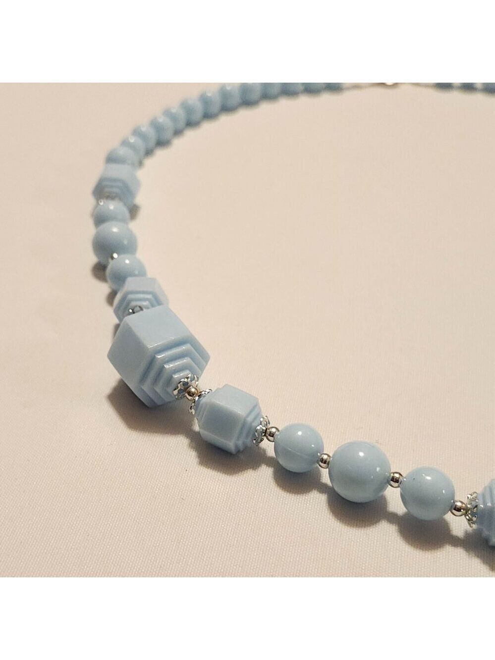 FASCINATING Powder Blue Geometric Plastic Bead Necklace VINTAGE 60s